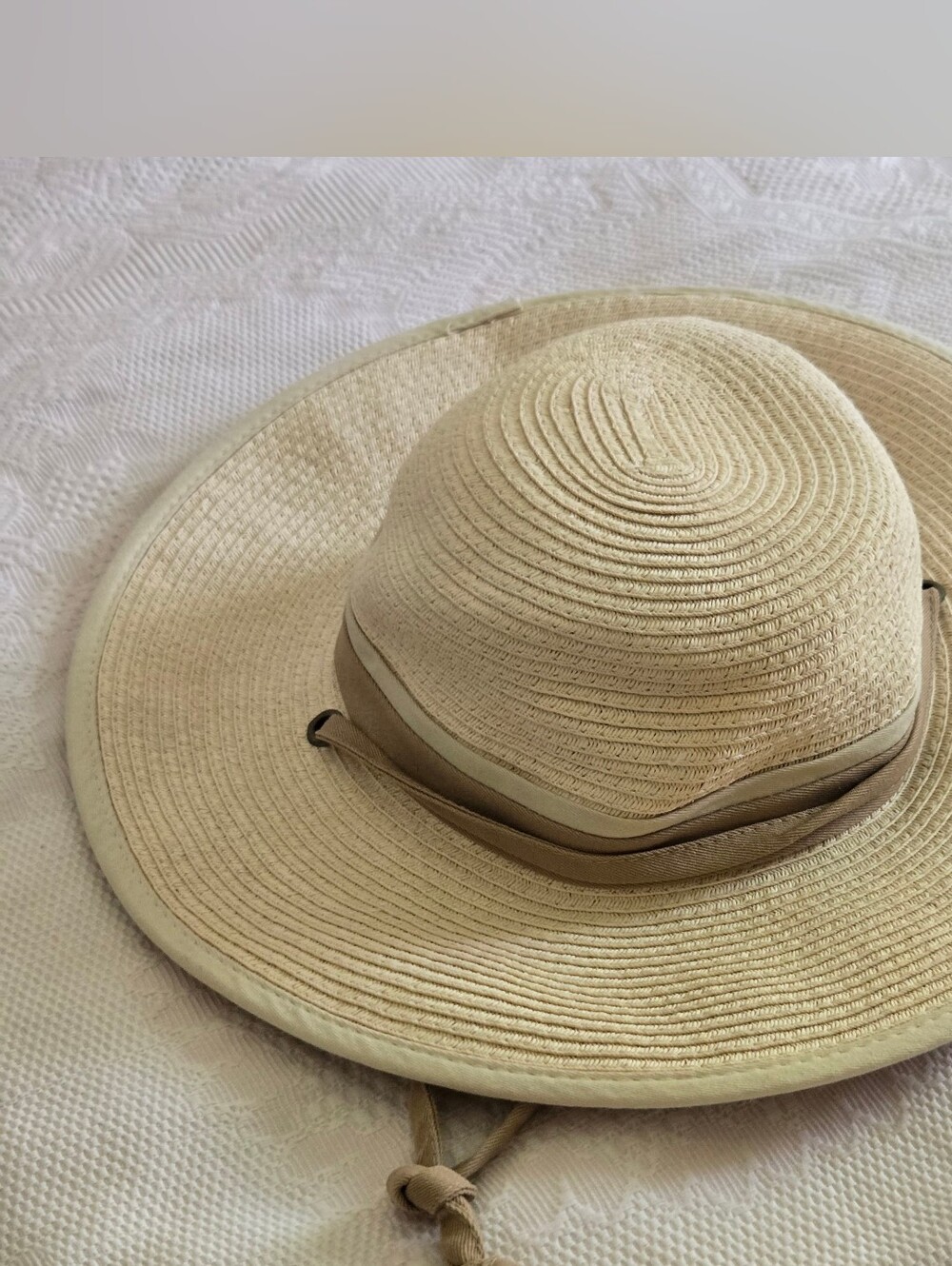 Koppen Beige Wide Brim Summer Sun Hat with Chin Tie Beach Day Outdoors Casual